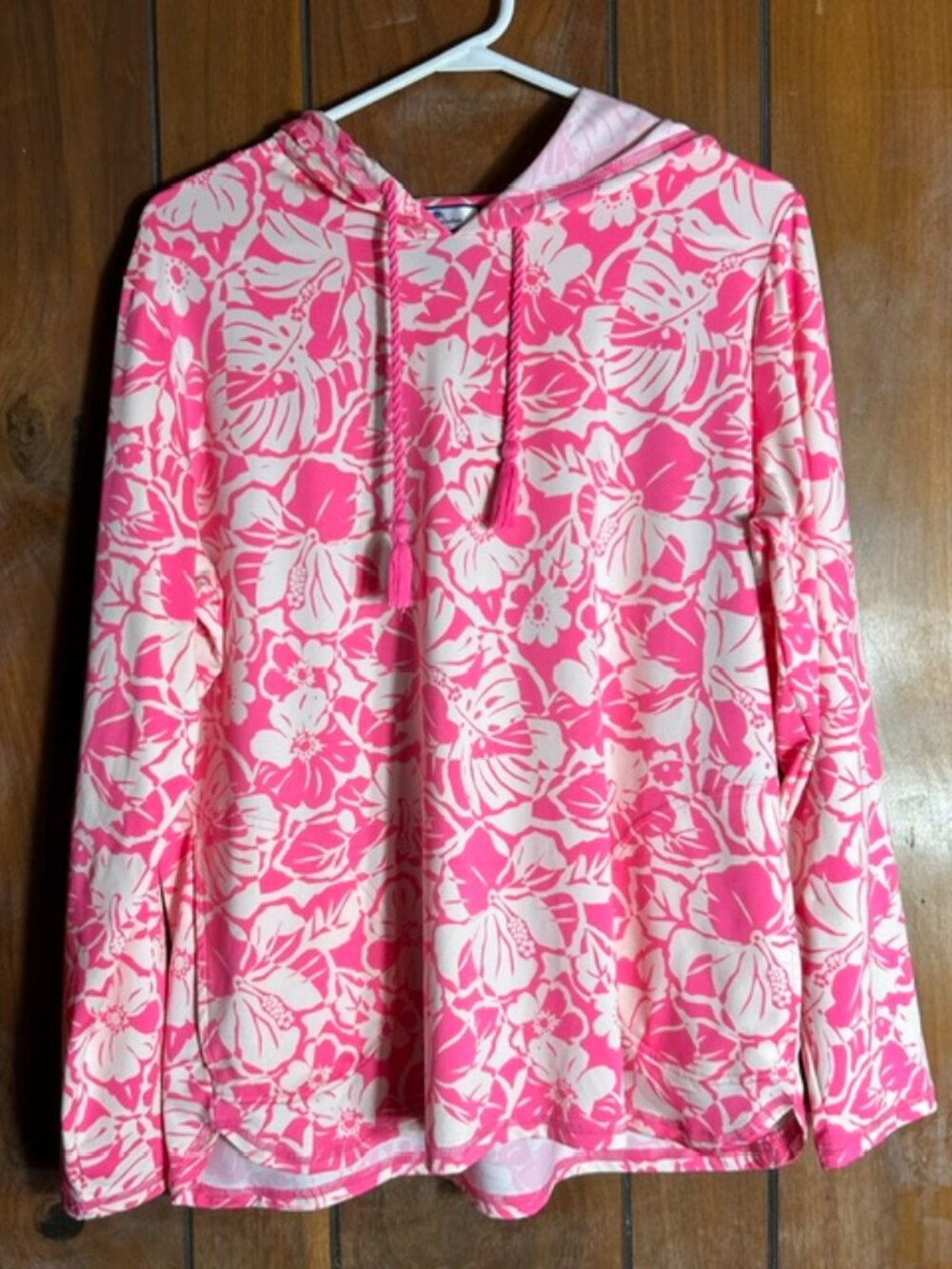 Island Collection Hooded Sunshirt Womens Sz XL Pink White Hibiscus Floral Print